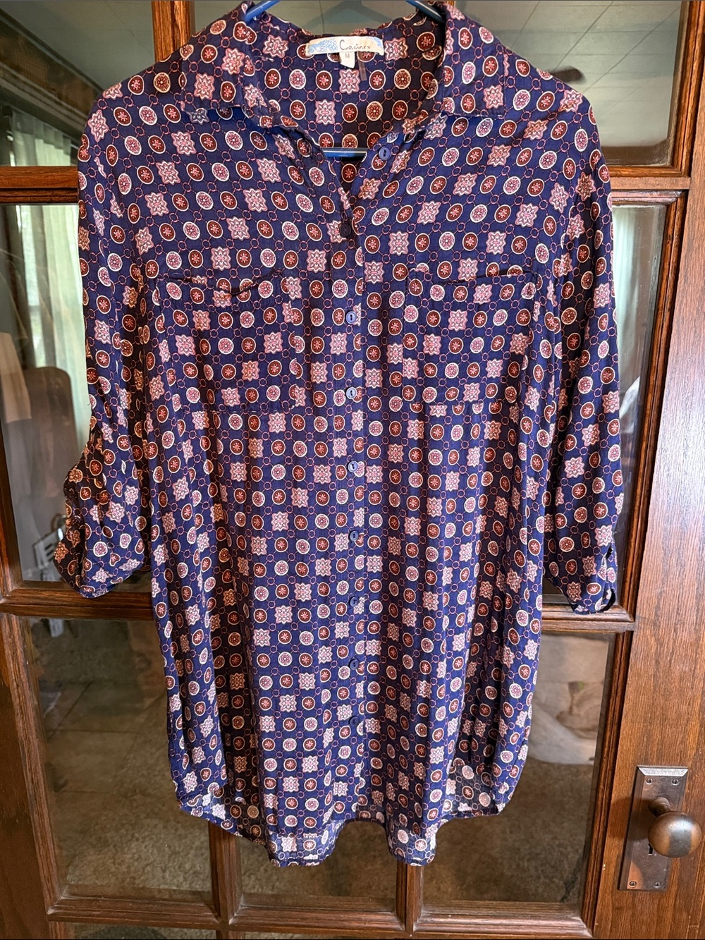 Cecico Navy Blue Medallion Print Roll Tab Sleeve Rayon Button Down Shirt Medium